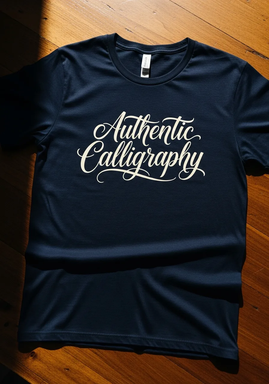 T-shirt with calligraphy print flat on wooden table